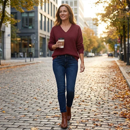 Women’s Casual Long-Sleeve V-Neck Waffle-Knit Top