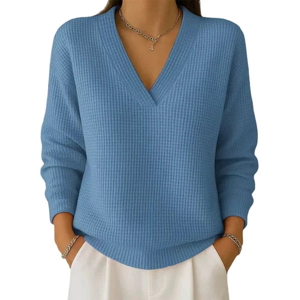 Women’s Casual Long-Sleeve V-Neck Waffle-Knit Top