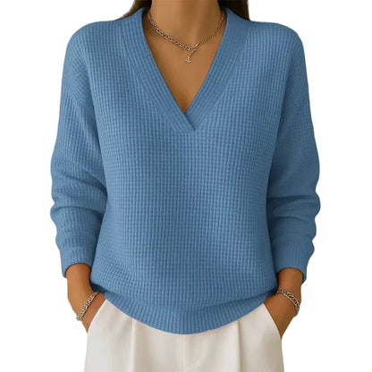 Women’s Casual Long-Sleeve V-Neck Waffle-Knit Top