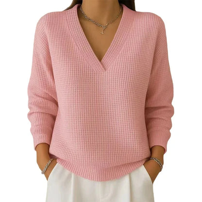Women’s Casual Long-Sleeve V-Neck Waffle-Knit Top