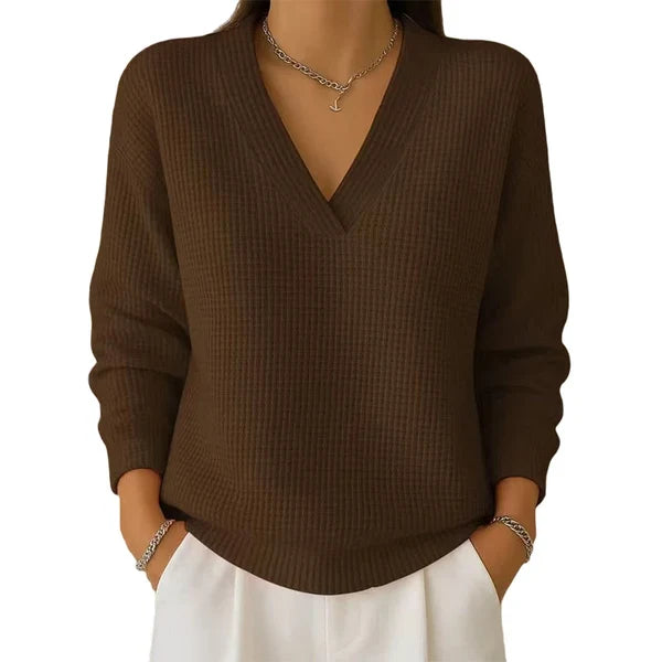 Women’s Casual Long-Sleeve V-Neck Waffle-Knit Top