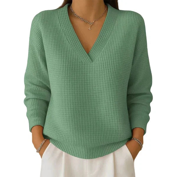 Women’s Casual Long-Sleeve V-Neck Waffle-Knit Top