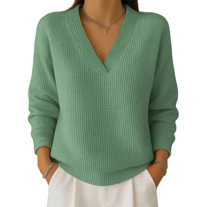 Women’s Casual Long-Sleeve V-Neck Waffle-Knit Top