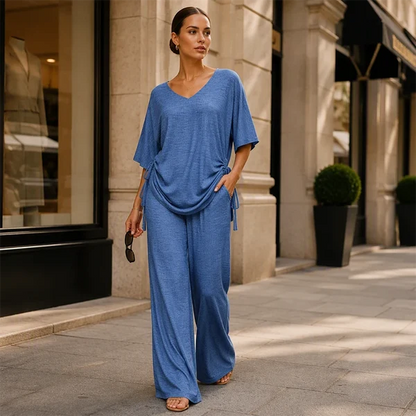 Women's Drawstring V-Neck Top & Wide-Leg Pants Set