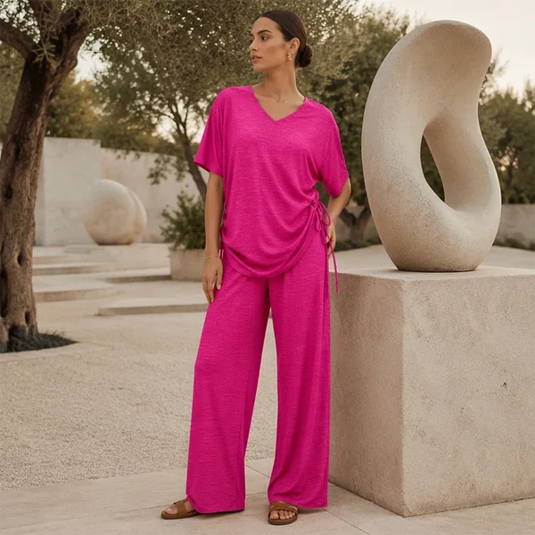 Women's Drawstring V-Neck Top & Wide-Leg Pants Set