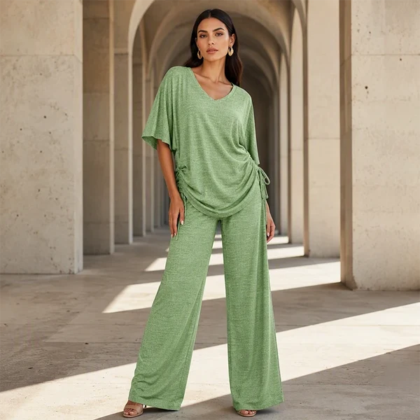 Women's Drawstring V-Neck Top & Wide-Leg Pants Set