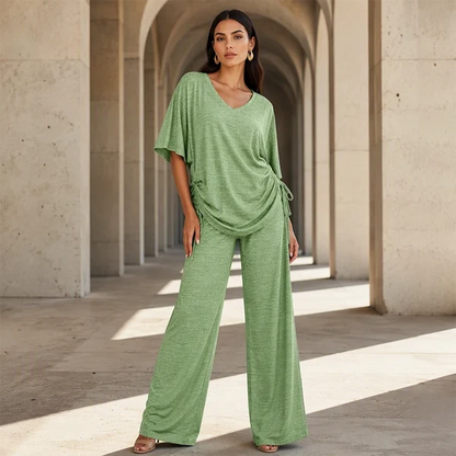 Women's Drawstring V-Neck Top & Wide-Leg Pants Set