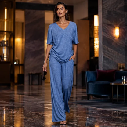 Women's Drawstring V-Neck Top & Wide-Leg Pants Set
