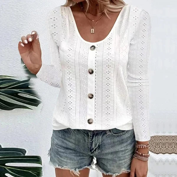 Women's Pointelle Button Detail Top