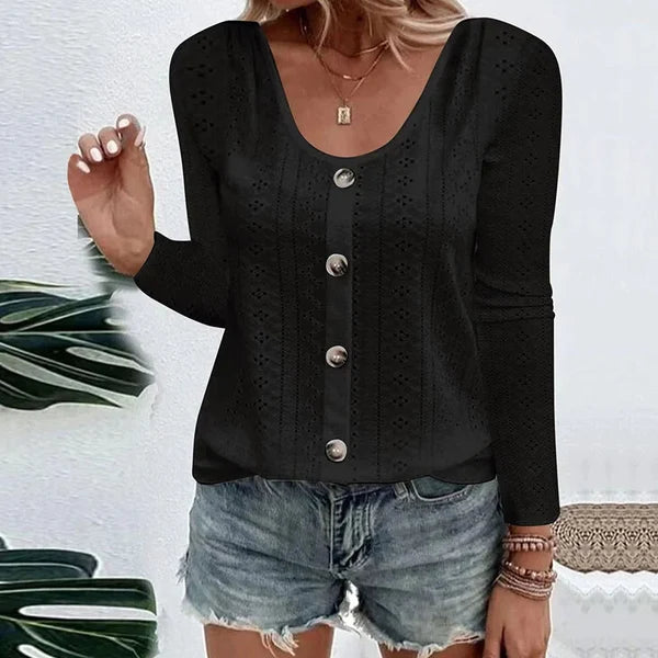 Women's Pointelle Button Detail Top