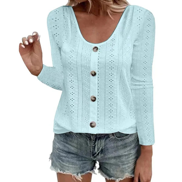 Women's Pointelle Button Detail Top