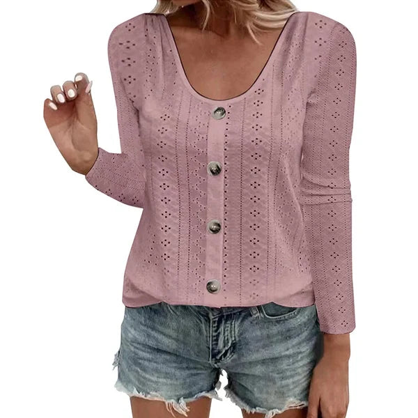 Women's Pointelle Button Detail Top