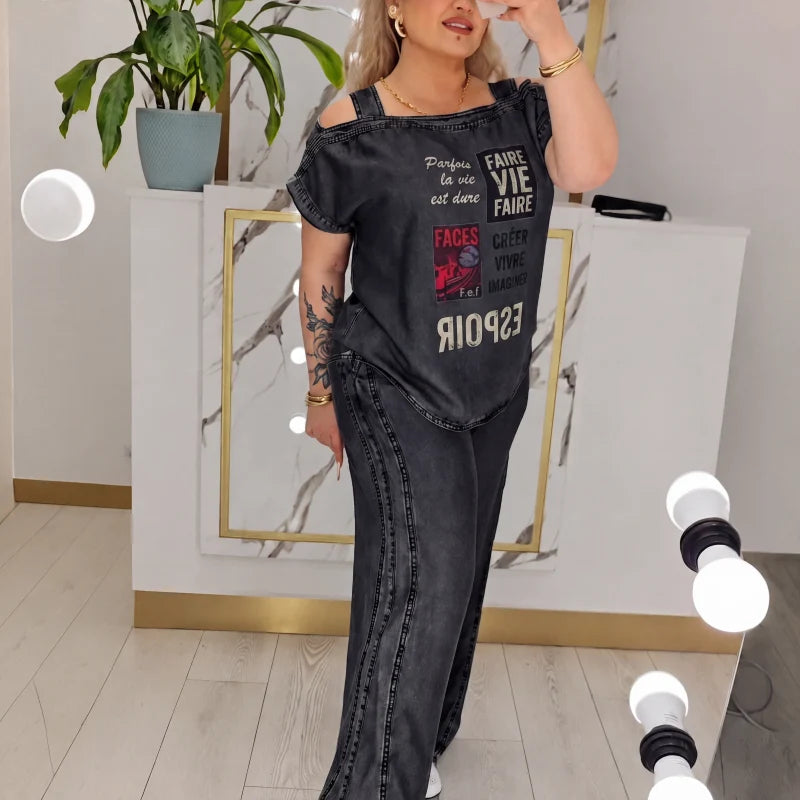 Women’s Off-Shoulder Top and Wide-Leg Pants Set