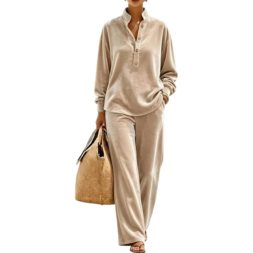 Women's Button-Front Top and Wide-Leg Pants Set
