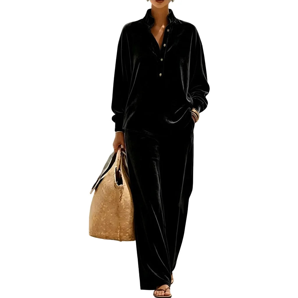 Women's Button-Front Top and Wide-Leg Pants Set