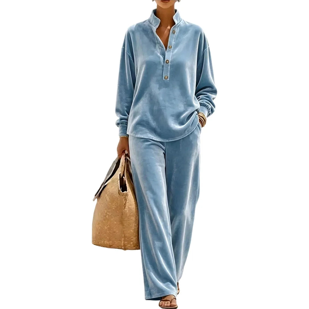 Women's Button-Front Top and Wide-Leg Pants Set