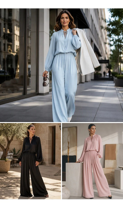 Women's Tie-Neck Top and Wide-Leg Pants Set