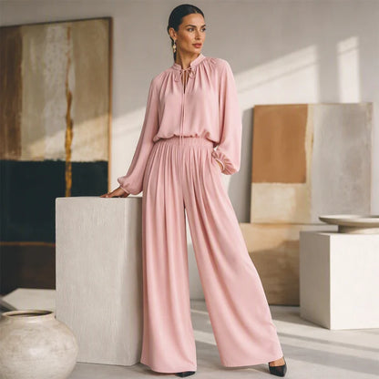 Women's Tie-Neck Top and Wide-Leg Pants Set