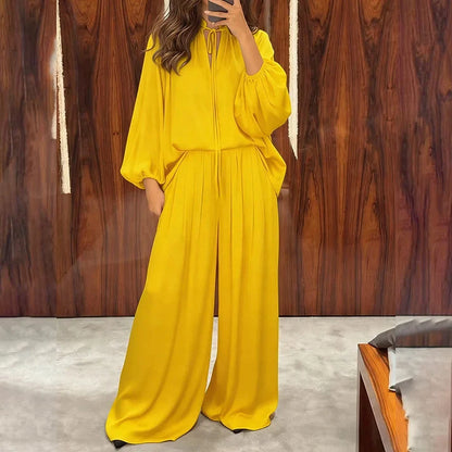 Women's Tie-Neck Top and Wide-Leg Pants Set