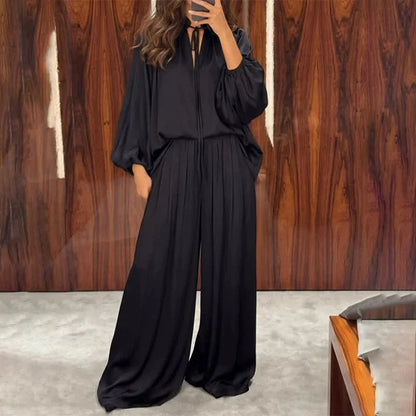 Women's Tie-Neck Top and Wide-Leg Pants Set