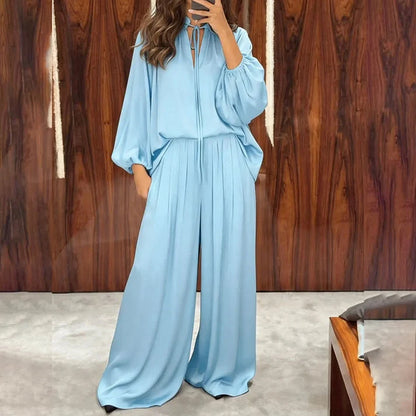Women's Tie-Neck Top and Wide-Leg Pants Set