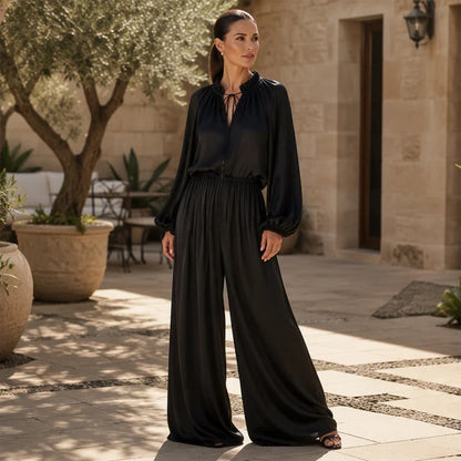 Women's Tie-Neck Top and Wide-Leg Pants Set