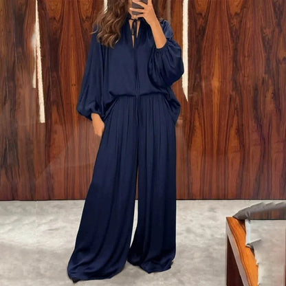 Women's Tie-Neck Top and Wide-Leg Pants Set
