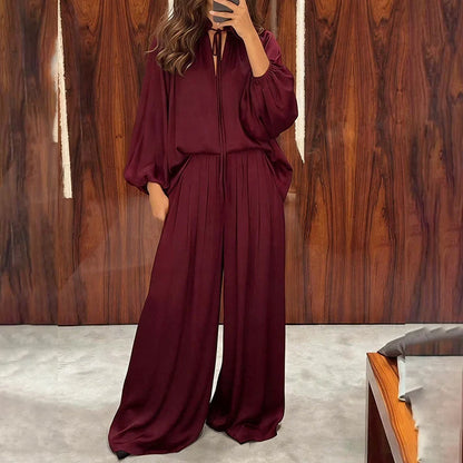 Women's Tie-Neck Top and Wide-Leg Pants Set