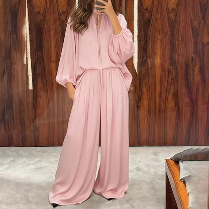 Women's Tie-Neck Top and Wide-Leg Pants Set