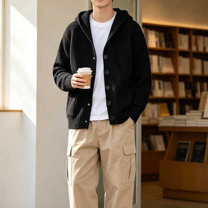 Unisex Hooded Knit Button Cardigan