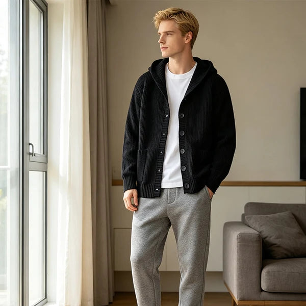 Unisex Hooded Knit Button Cardigan