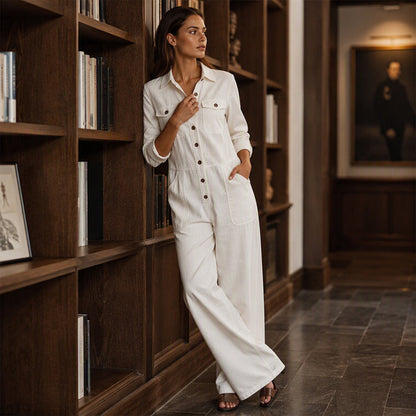 Women's Button-Front Wide-Leg Jumpsuit