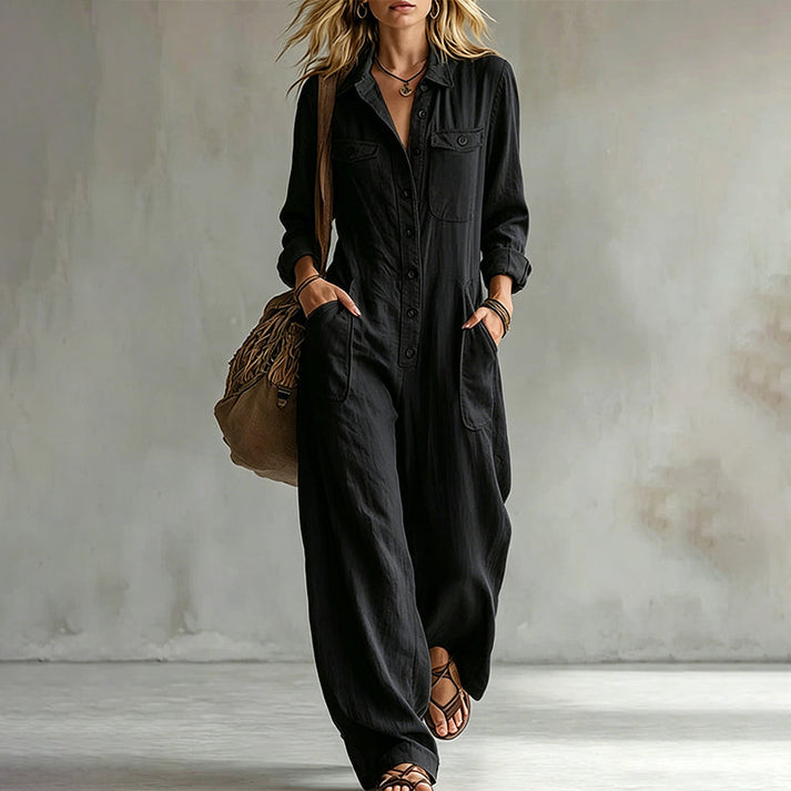 Women's Button-Front Wide-Leg Jumpsuit