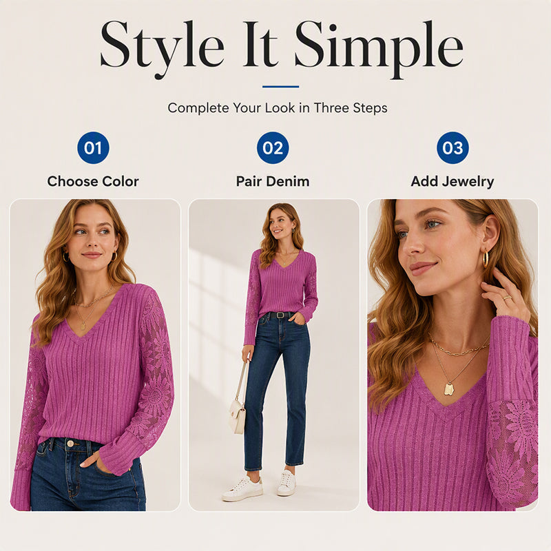 Women's V-Neck Ribbed Knit Lace-Detail Top