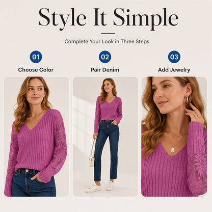 Women's V-Neck Ribbed Knit Lace-Detail Top