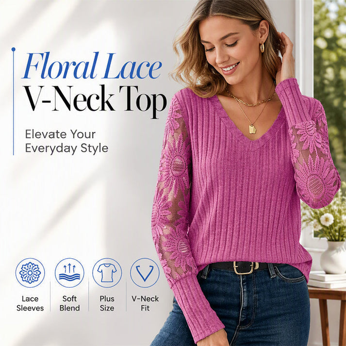 Women's V-Neck Ribbed Knit Lace-Detail Top