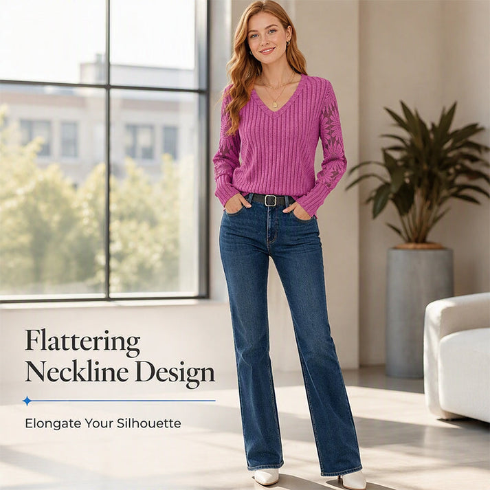 Women's V-Neck Ribbed Knit Lace-Detail Top