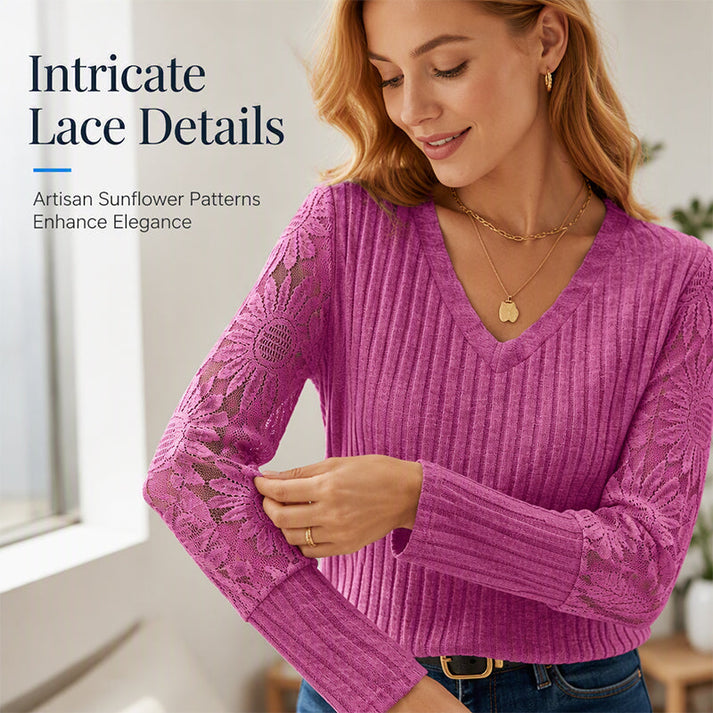 Women's V-Neck Ribbed Knit Lace-Detail Top