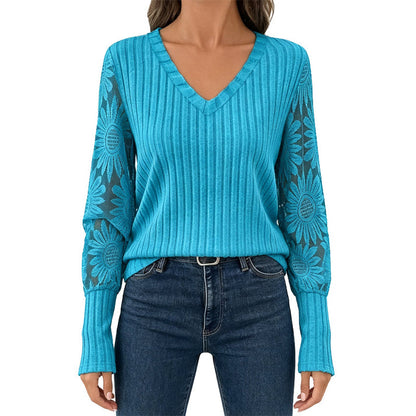 Women's V-Neck Ribbed Knit Lace-Detail Top
