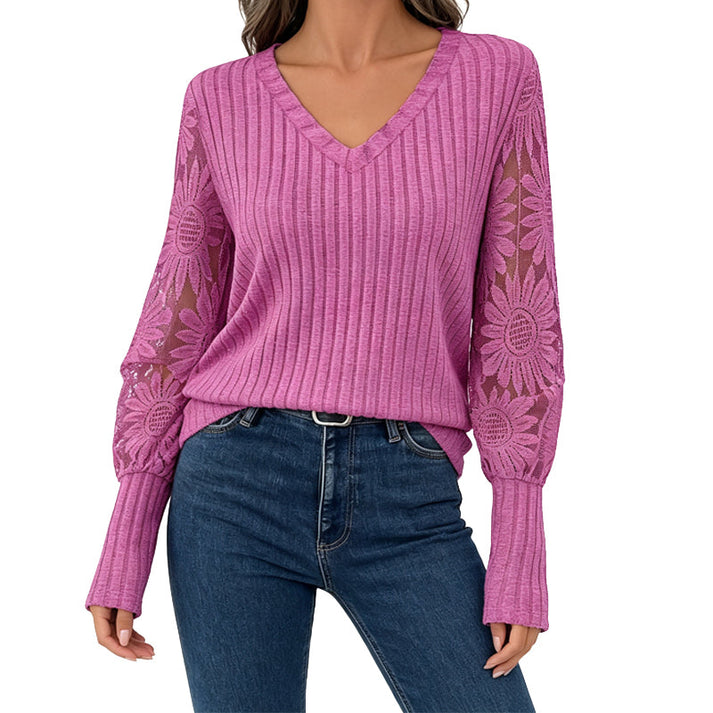 Women's V-Neck Ribbed Knit Lace-Detail Top
