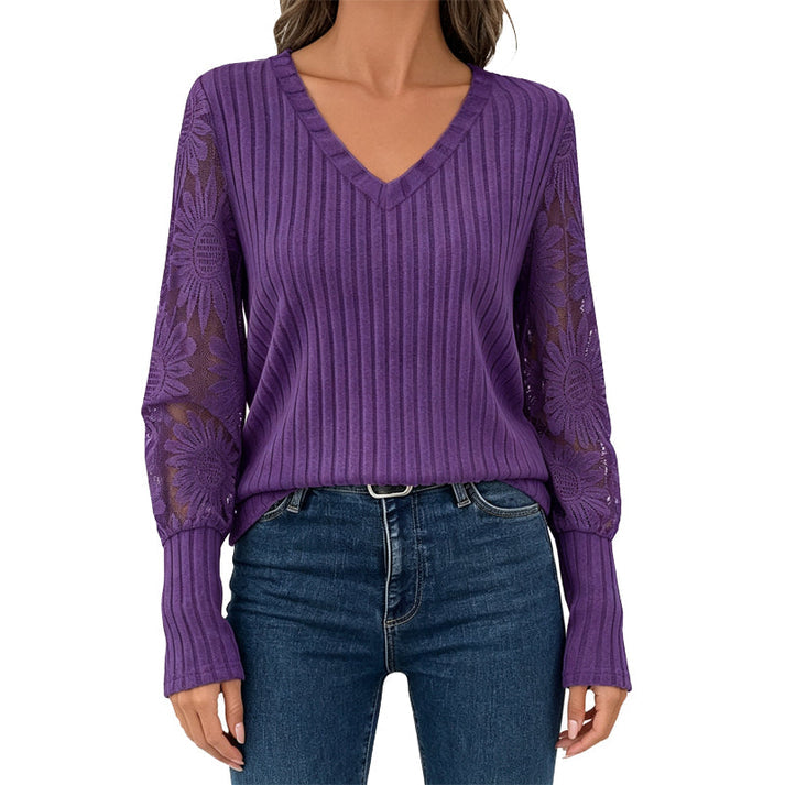 Women's V-Neck Ribbed Knit Lace-Detail Top