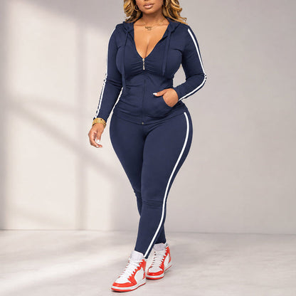 Women's Striped Zip-Up Hoodie and Pants Set
