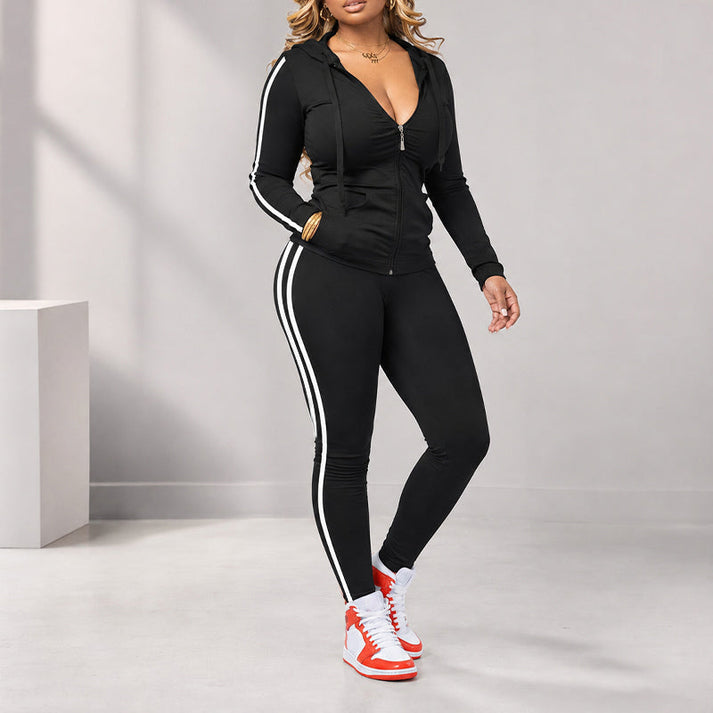 Women's Striped Zip-Up Hoodie and Pants Set