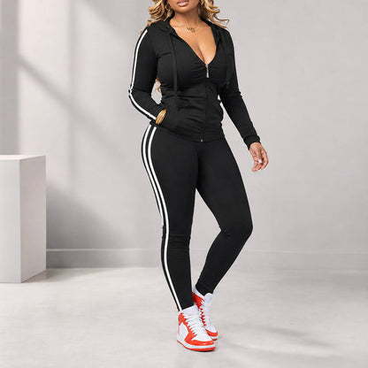 Women's Striped Zip-Up Hoodie and Pants Set
