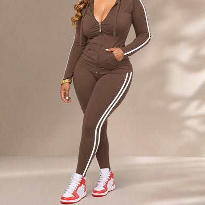 Women's Striped Zip-Up Hoodie and Pants Set