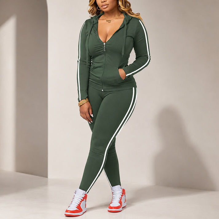 Women's Striped Zip-Up Hoodie and Pants Set