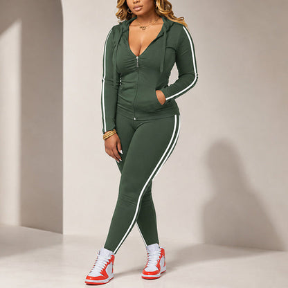 Women's Striped Zip-Up Hoodie and Pants Set