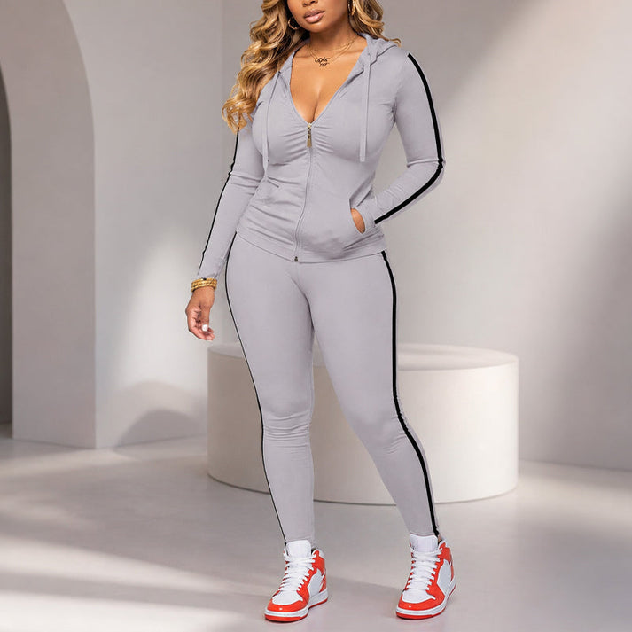 Women's Striped Zip-Up Hoodie and Pants Set
