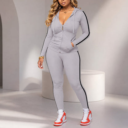 Women's Striped Zip-Up Hoodie and Pants Set