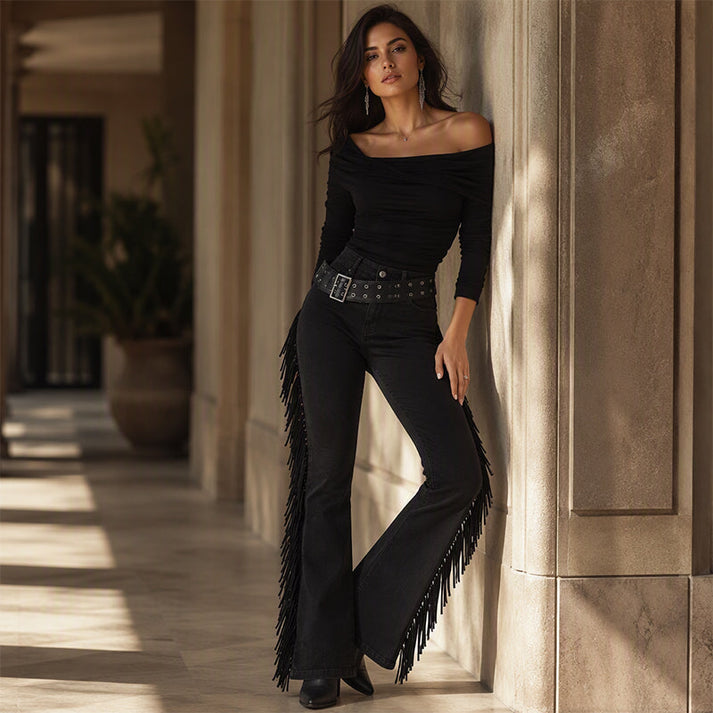 Women's High-Rise Flared Fringe Jeans